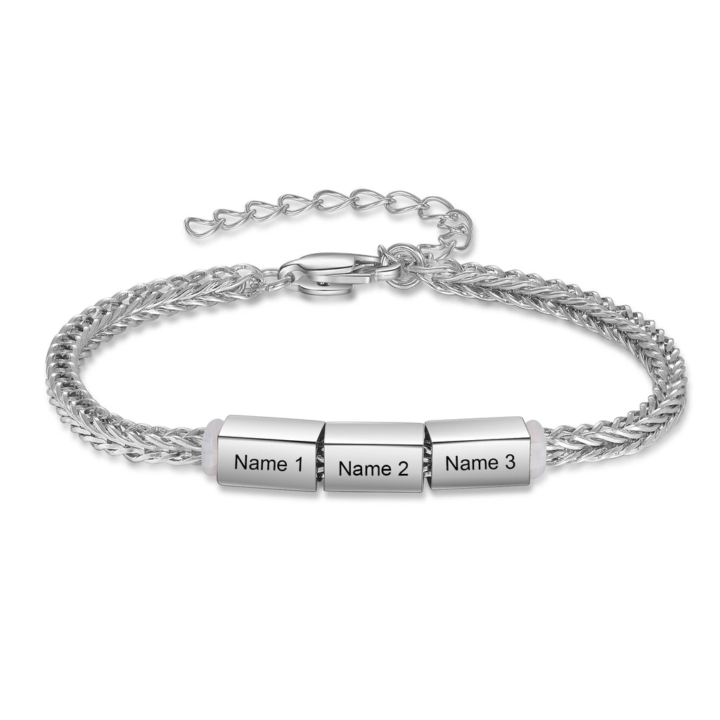 Silver wheat-chain family bracelet with three blank name charms labeled Name 1, Name 2, and Name 3