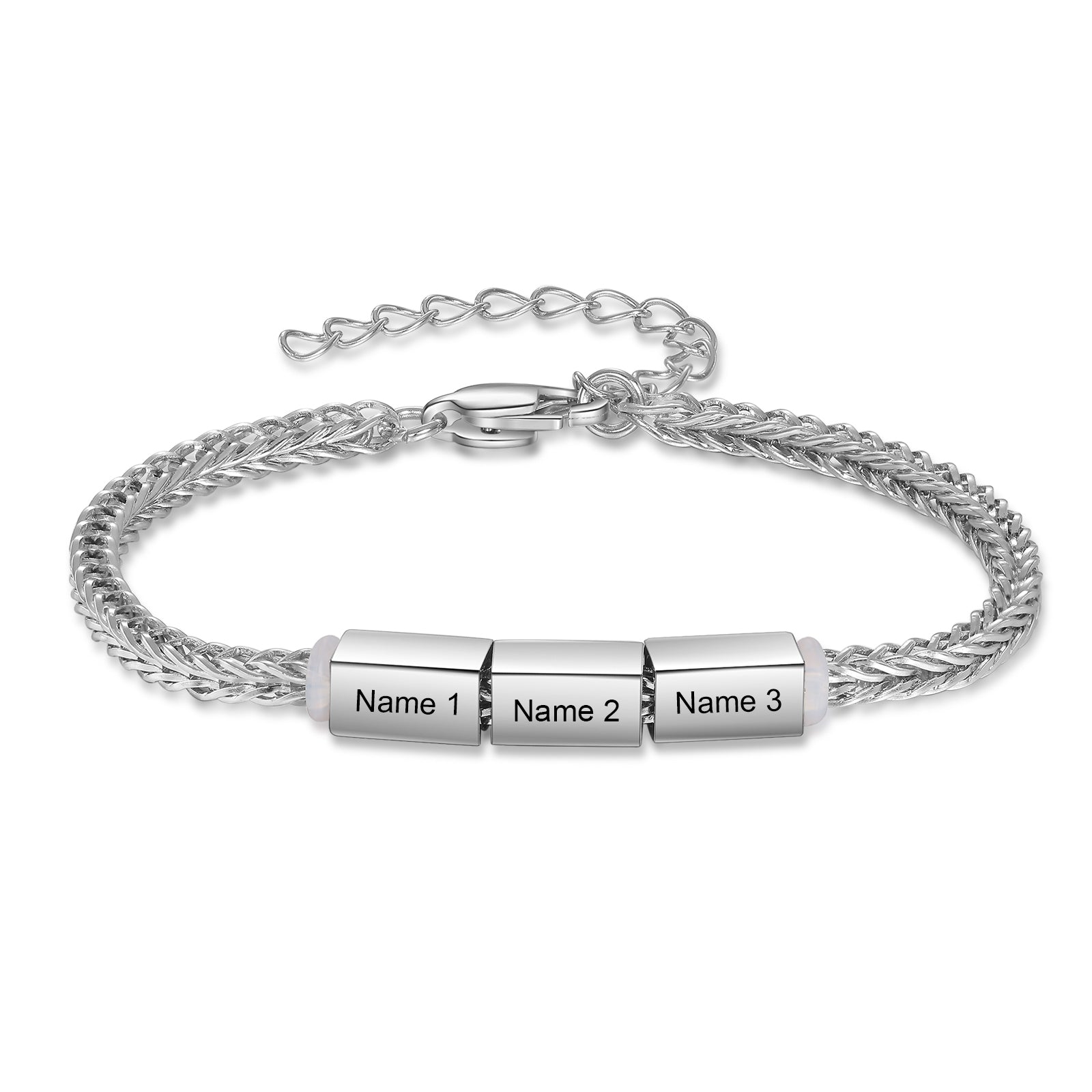 Silver wheat-chain family bracelet with three blank name charms labeled Name 1, Name 2, and Name 3