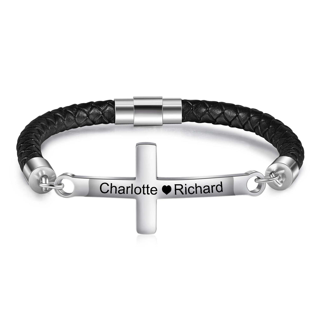 Black Couple Bracelet Cross Shape Engraved Ldr