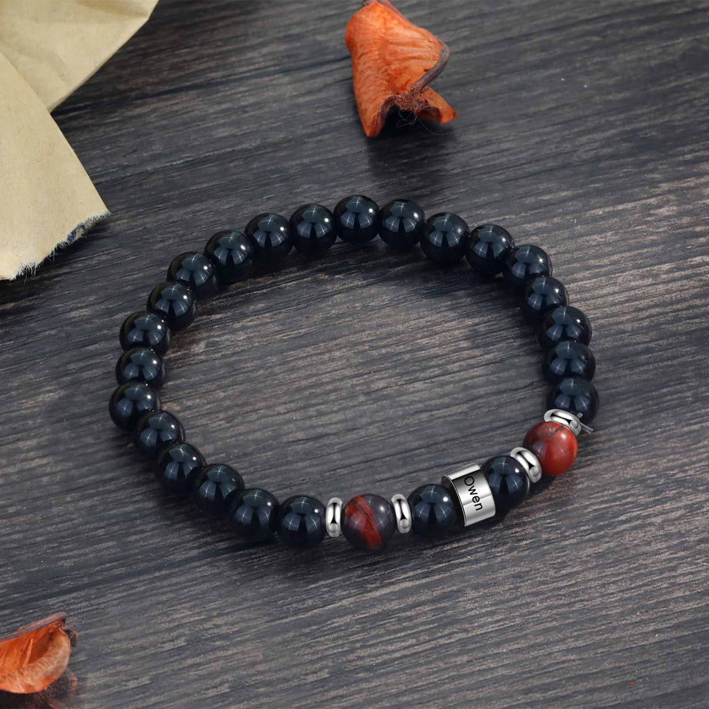 Engraved Black Banded Agate Bracelet For Men