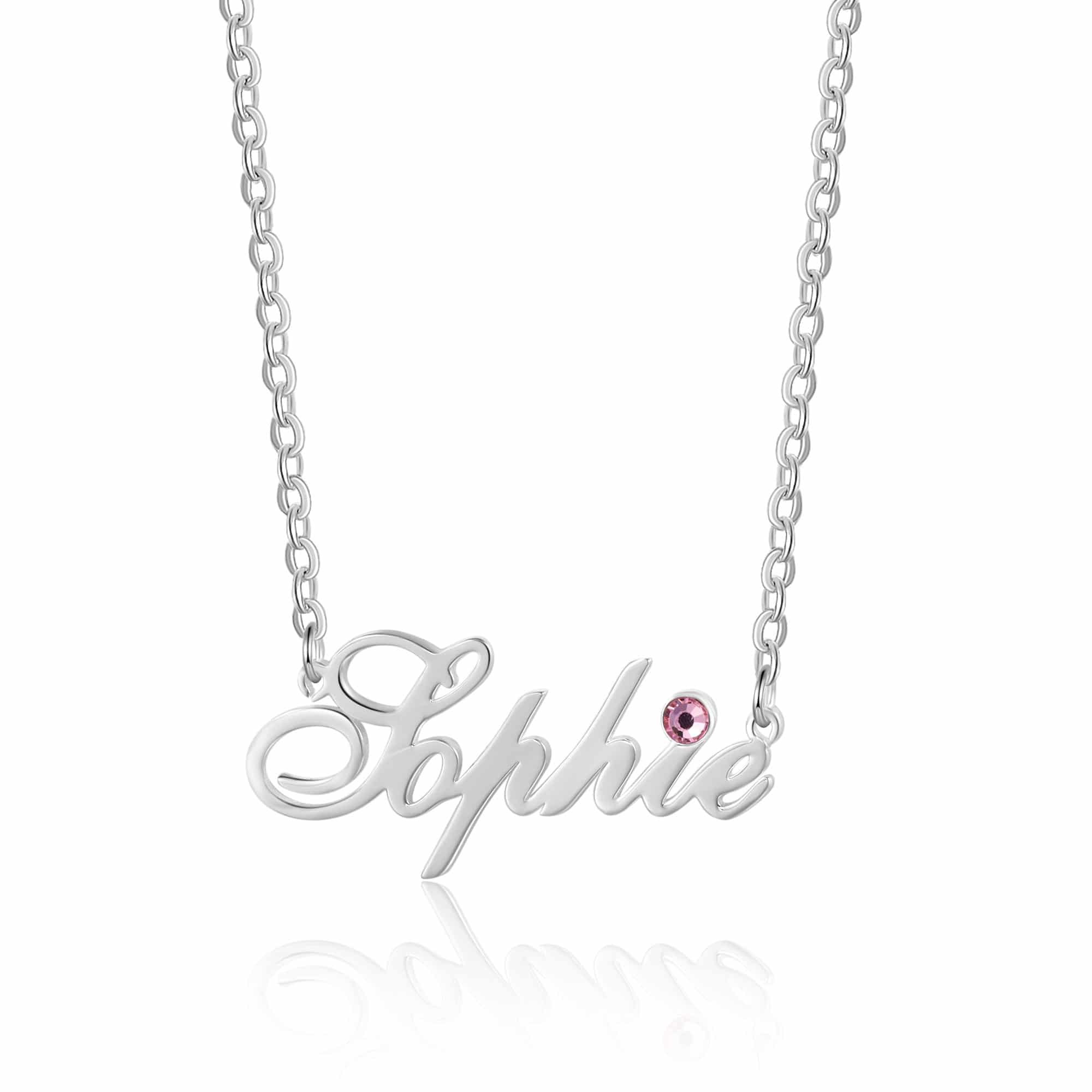 Name And Birthstone Necklace Silver Tone