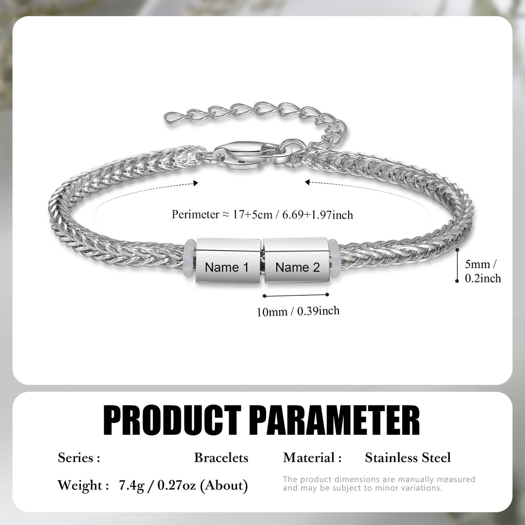 Size diagram of the family bracelet showing a 6.7-inch chain with a 2-inch extender and 10mm engraved charms
