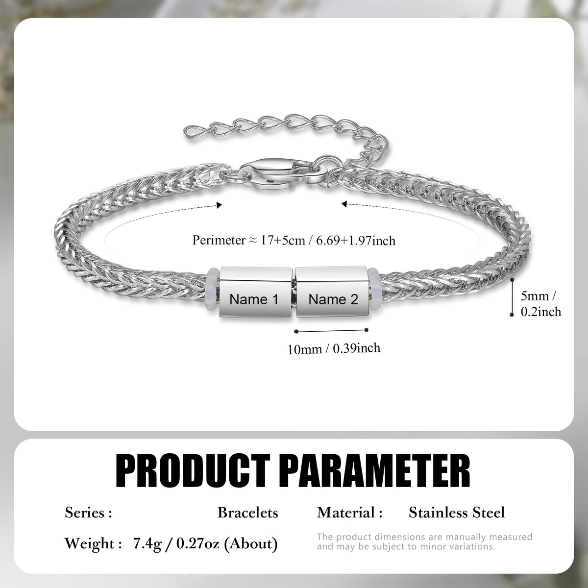 Size diagram of the family bracelet showing a 6.7-inch chain with a 2-inch extender and 10mm engraved charms