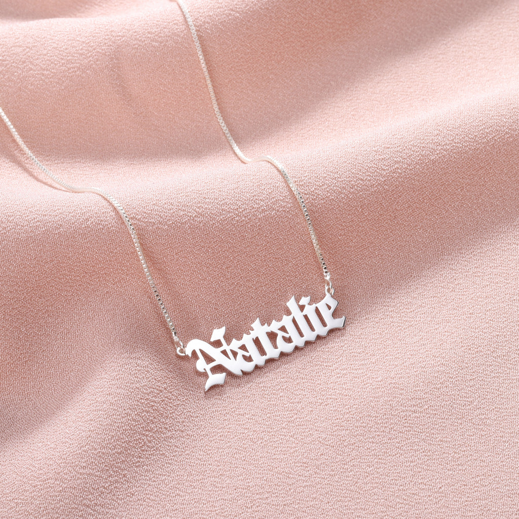 Silver Tone Gothic Font Name Necklace