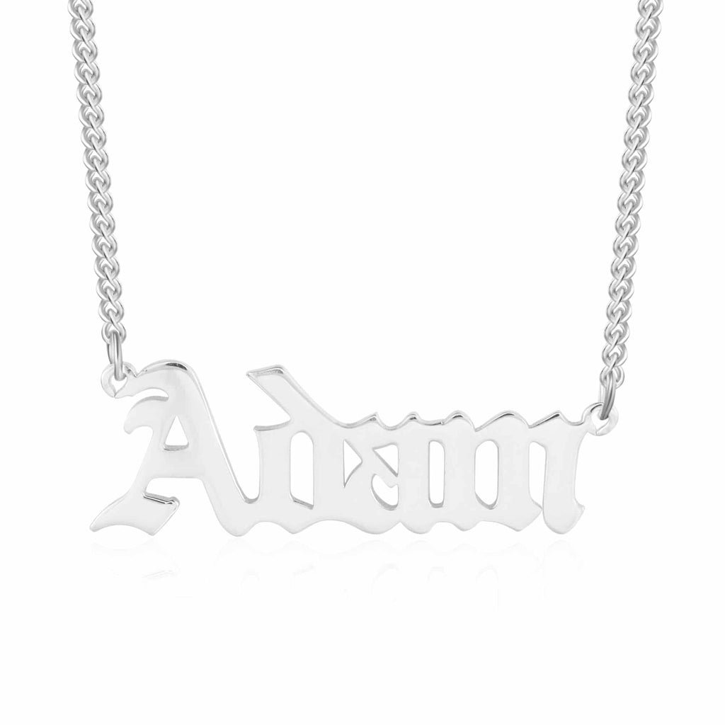 Silver Tone Old English Name Necklace