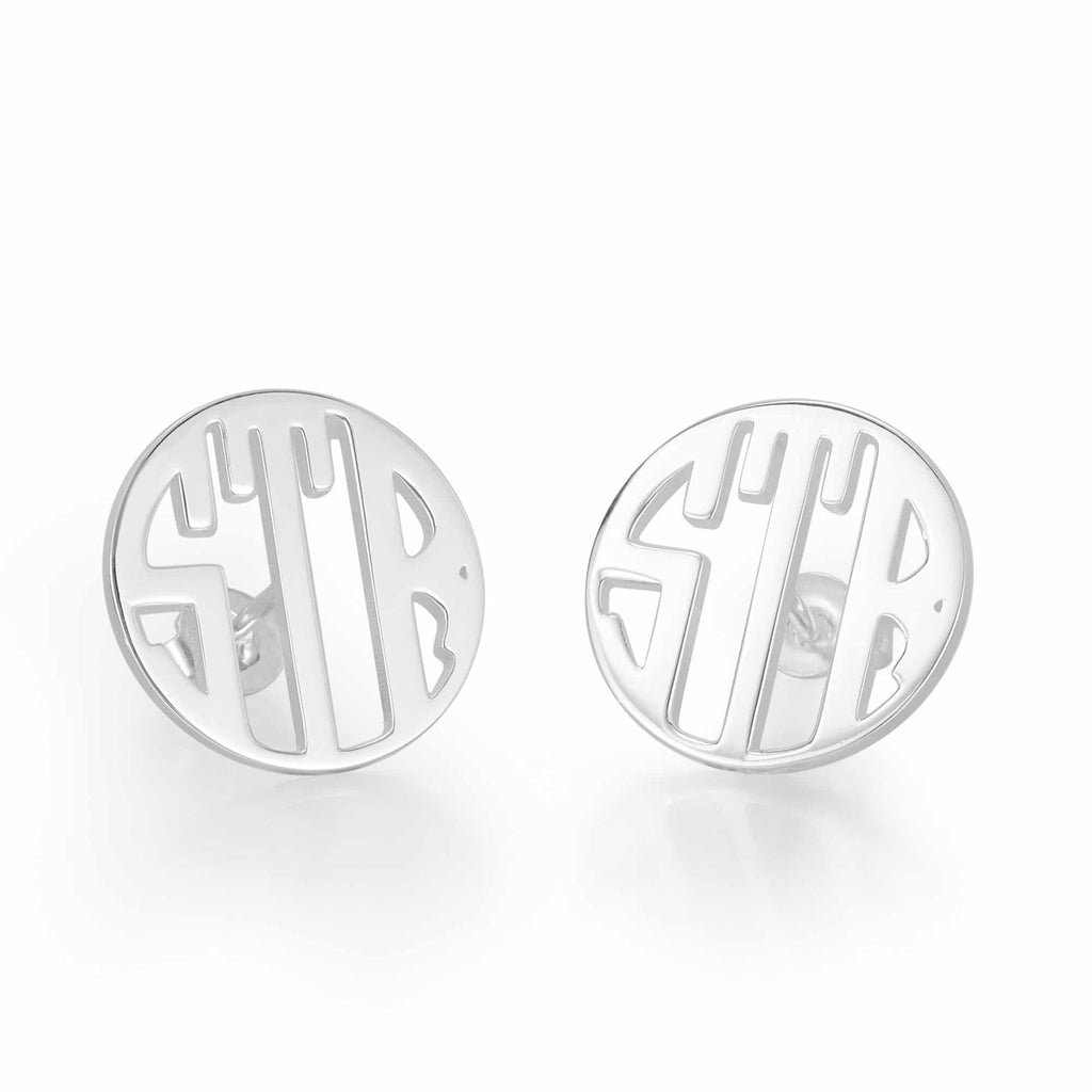 Silver Tone Stud 3 Initials Monogram Earrings