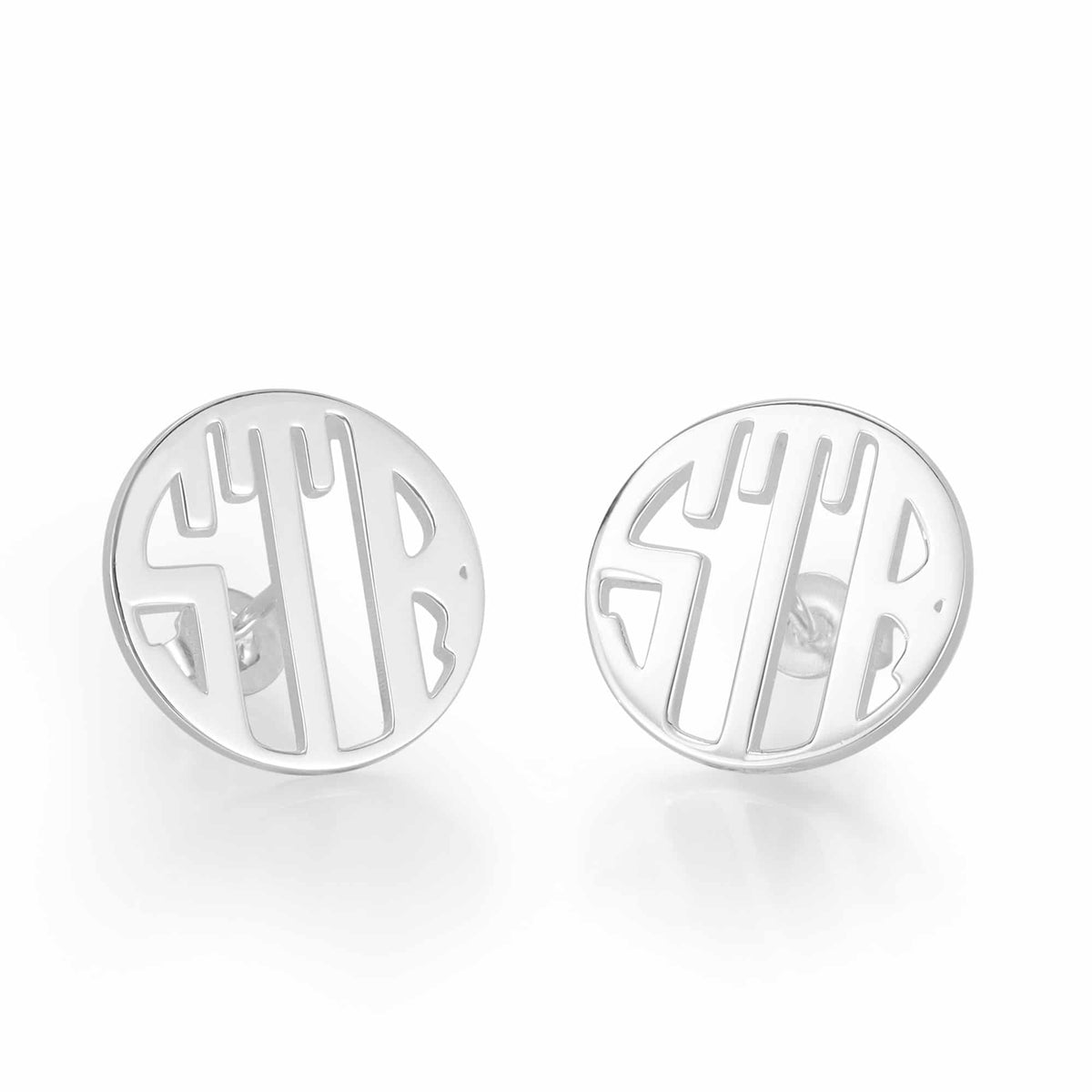 Silver Tone Stud 3 Initials Monogram Earrings
