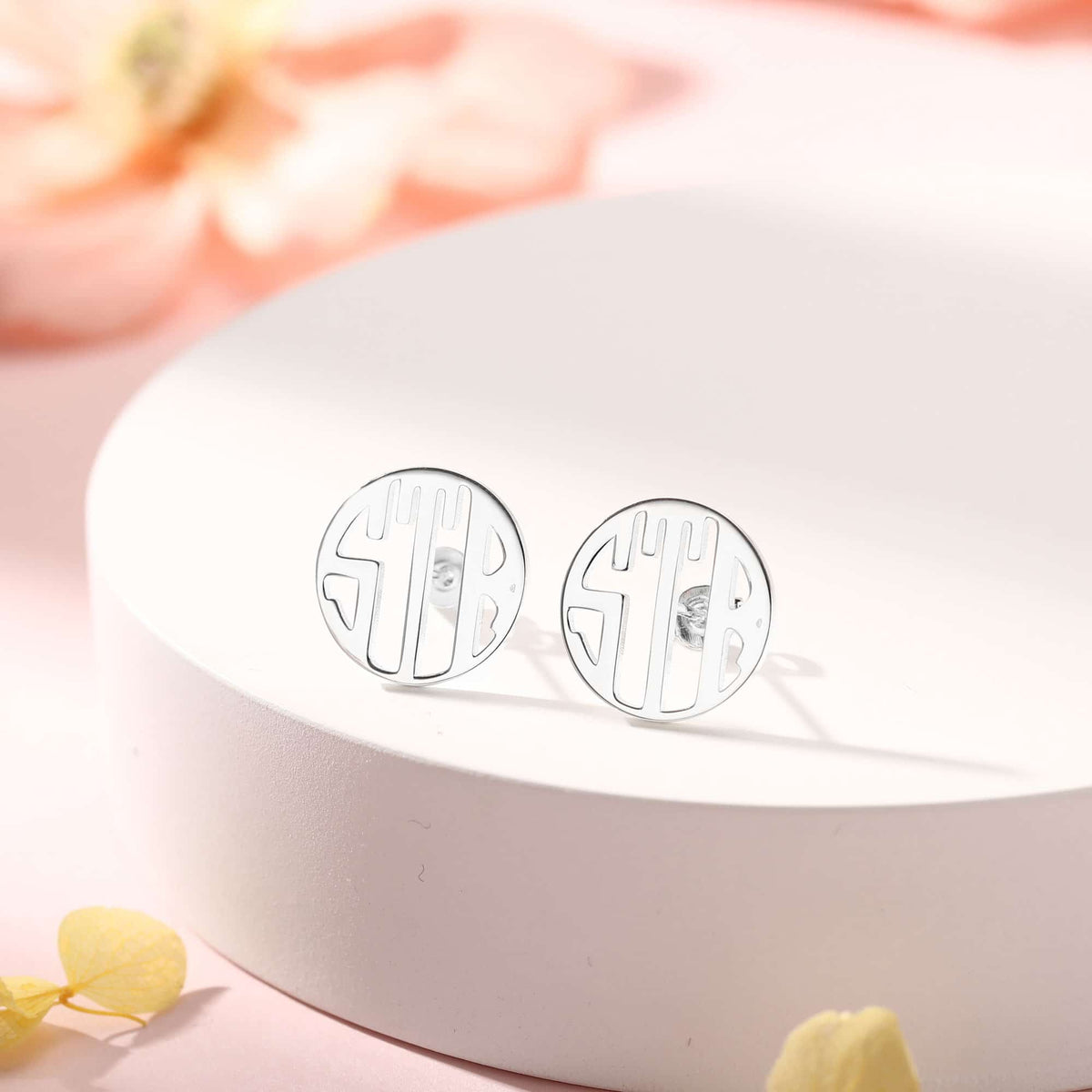 Silver Tone Stud Monogram Earrings